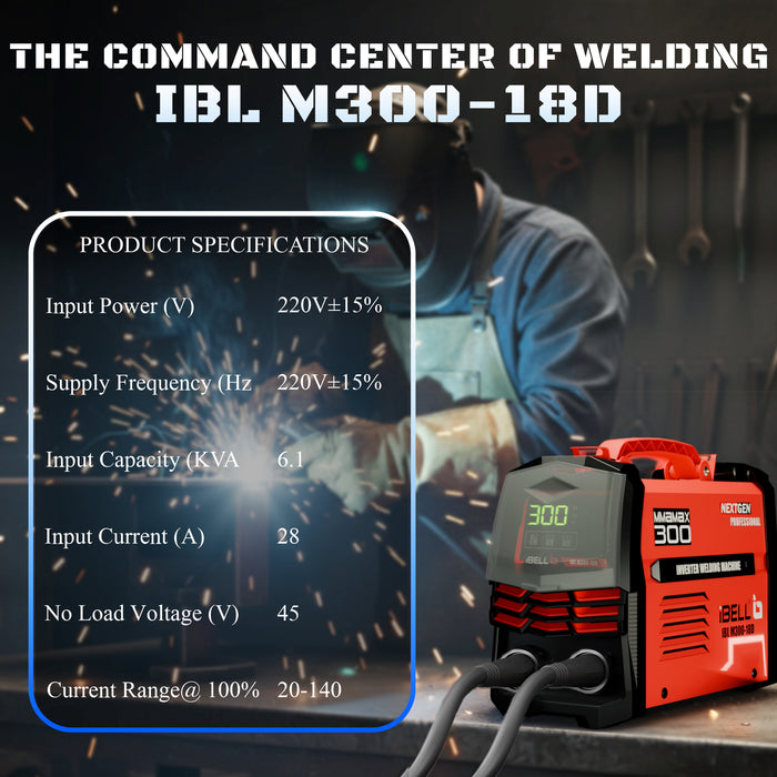 iBELL IBL M300-18D Inverter ARC Welding Machine 300A | IGBT Technology | Adjustable Hot Start, ARC Force & VRD | Lift TIG Mode | Anti-Stick | 1.0–5.0mm Electrode Support | 2-Year Warranty