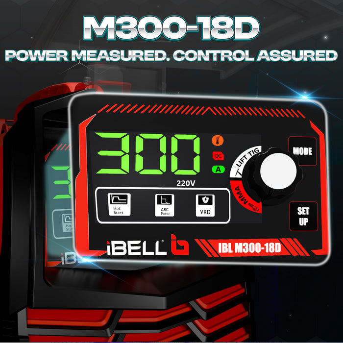 iBELL IBL M300-18D Inverter ARC Welding Machine 300A | IGBT Technology | Adjustable Hot Start, ARC Force & VRD | Lift TIG Mode | Anti-Stick | 1.0–5.0mm Electrode Support | 2-Year Warranty