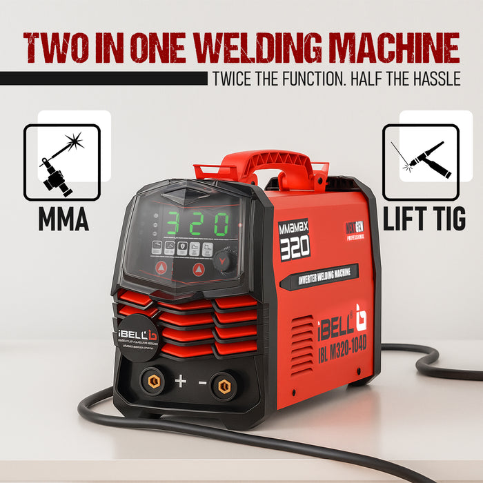 iBELL IBL M320-104D Inverter ARC Welding Machine 320A | Advanced IGBT Technology | Lift TIG Mode | Adjustable Hot Start, ARC Force & VRD | Anti-Stick | 1.0–5.0mm Electrode Support | 2-Year Warranty
