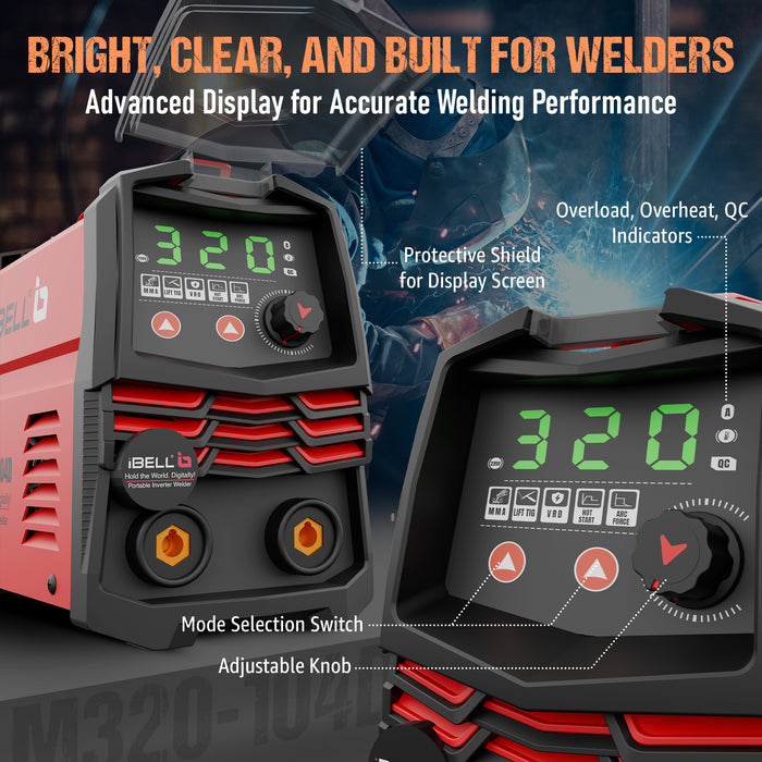 iBELL IBL M320-104D Inverter ARC Welding Machine 320A | Advanced IGBT Technology | Lift TIG Mode | Adjustable Hot Start, ARC Force & VRD | Anti-Stick | 1.0–5.0mm Electrode Support | 2-Year Warranty
