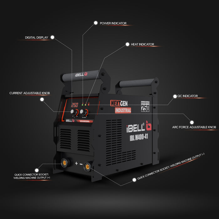 iBELL BLACK IBL M400-41 250A Industrial MMA Inverter Welding Machine | 3 PCB | Advanced IGBT Technology | Hot Start, VRD, ARC Force, Anti-Stick | Electrode 1–5mm | Heavy-Duty Continuous Welding | 1-Year Warranty