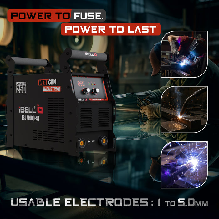 iBELL BLACK IBL M400-41 250A Industrial MMA Inverter Welding Machine | 3 PCB | Advanced IGBT Technology | Hot Start, VRD, ARC Force, Anti-Stick | Electrode 1–5mm | Heavy-Duty Continuous Welding | 1-Year Warranty