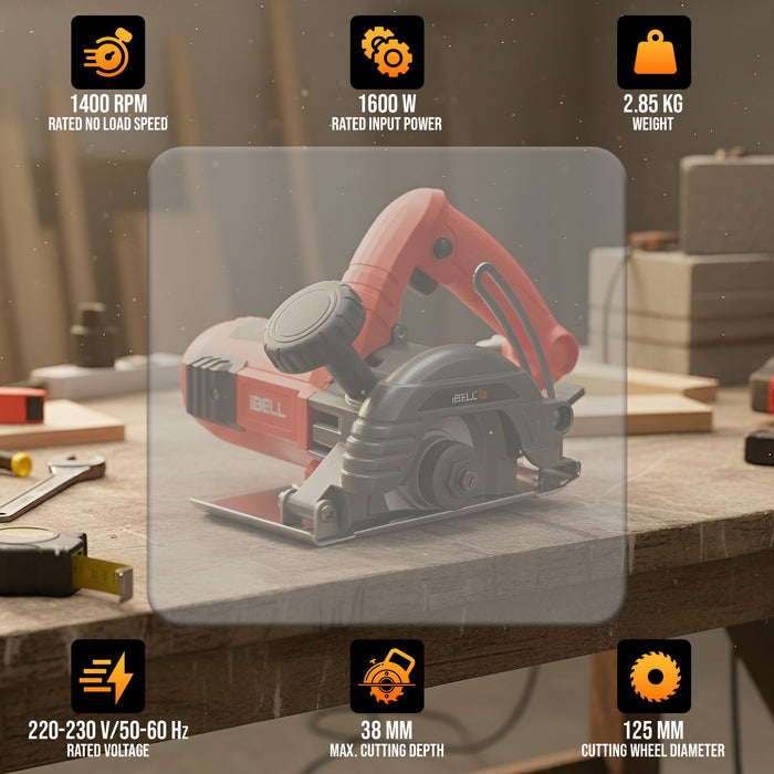 iBELL IBL MC25-60 Heavy-Duty Marble Cutter | 1600W High-Speed Motor | 14,000 RPM | 125mm Wheel Support | 38mm Cutting Depth | Large Stable Base Plate for Precision Cutting of Marble, Granite, Tile & Stone