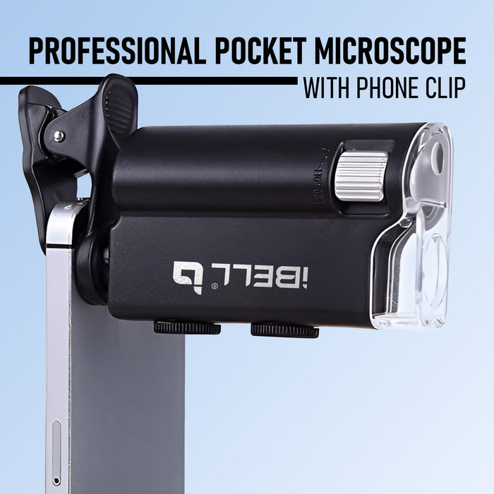 iBELL Professional Pocket Microscope with Phone Clip, 60X–100X Magnification, Optical Glass Lens, LED Illumination, Portable Handheld Microscope for Inspection and Educational Use
