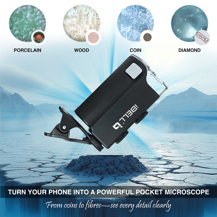 iBELL Professional Pocket Microscope with Phone Clip, 60X–100X Magnification, Optical Glass Lens, LED Illumination, Portable Handheld Microscope for Inspection and Educational Use