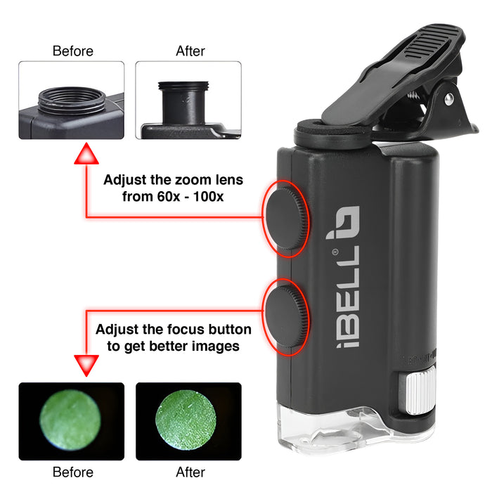 iBELL Professional Pocket Microscope with Phone Clip, 60X–100X Magnification, Optical Glass Lens, LED Illumination, Portable Handheld Microscope for Inspection and Educational Use