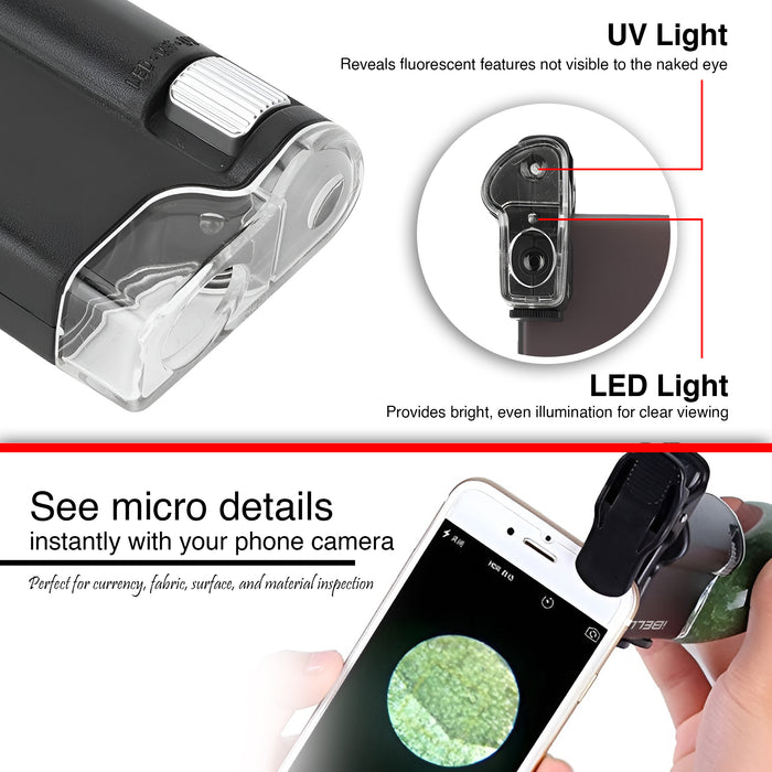 iBELL Professional Pocket Microscope with Phone Clip, 60X–100X Magnification, Optical Glass Lens, LED Illumination, Portable Handheld Microscope for Inspection and Educational Use