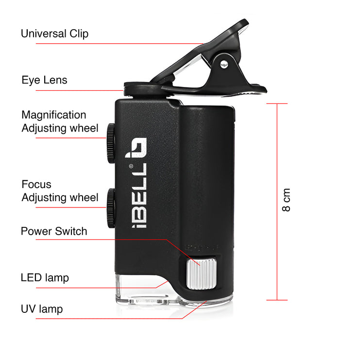 iBELL Professional Pocket Microscope with Phone Clip, 60X–100X Magnification, Optical Glass Lens, LED Illumination, Portable Handheld Microscope for Inspection and Educational Use