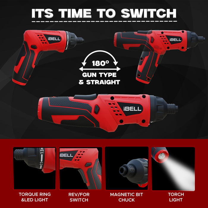 iBELL MS06-16 Cordless Rechargeable Electric Screwdriver 3.6V, 1500mAh Lithium Ion Battery MAX Torque 3.5Nm, 2 Flexible Position and 16 Torque Setting, Front LED and Rear Flashlight- 6 Months Warranty