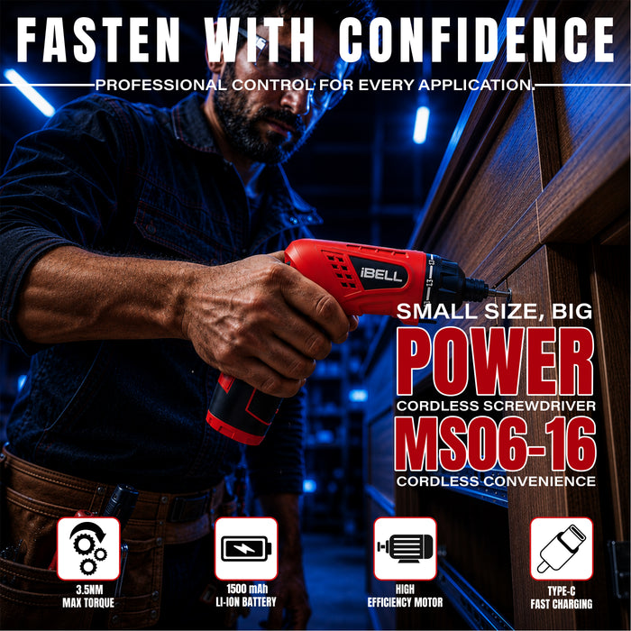 iBELL MS06-16 Cordless Rechargeable Electric Screwdriver 3.6V, 1500mAh Lithium Ion Battery MAX Torque 3.5Nm, 2 Flexible Position and 16 Torque Setting, Front LED and Rear Flashlight- 6 Months Warranty