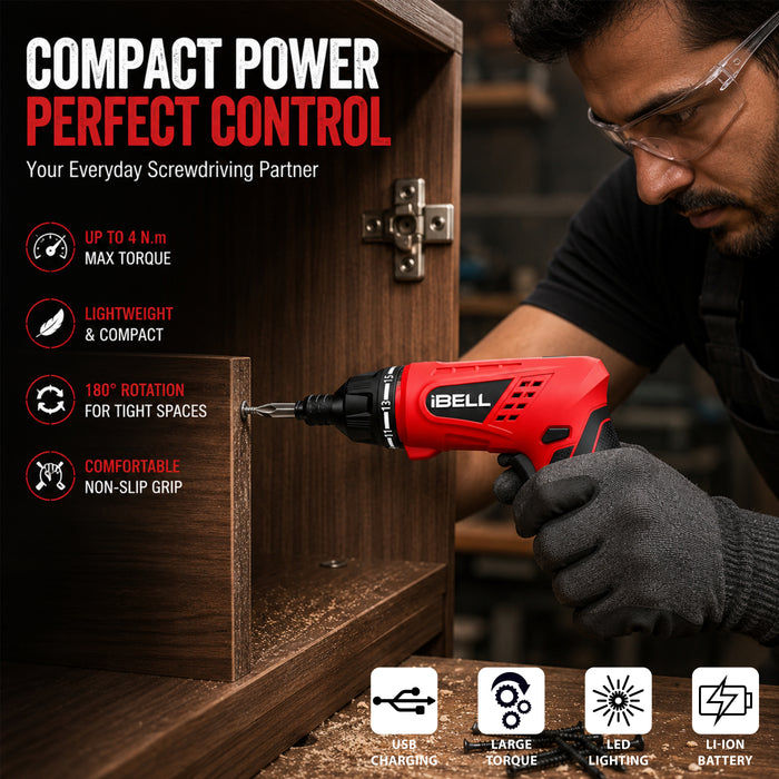 iBELL MS06-16 Cordless Rechargeable Electric Screwdriver 3.6V, 1500mAh Lithium Ion Battery MAX Torque 3.5Nm, 2 Flexible Position and 16 Torque Setting, Front LED and Rear Flashlight- 6 Months Warranty