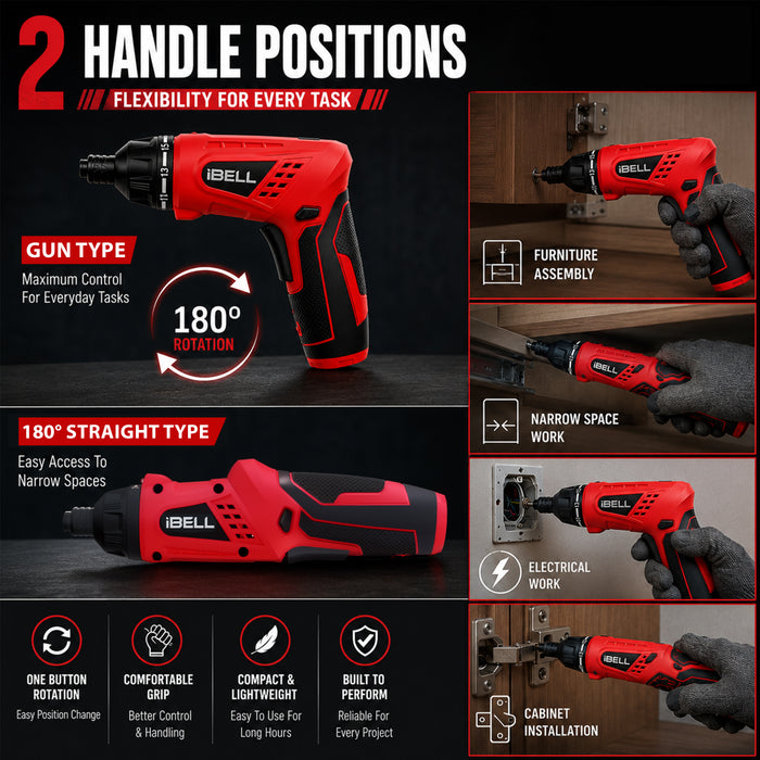 iBELL MS06-16 Cordless Rechargeable Electric Screwdriver 3.6V, 1500mAh Lithium Ion Battery MAX Torque 3.5Nm, 2 Flexible Position and 16 Torque Setting, Front LED and Rear Flashlight- 6 Months Warranty