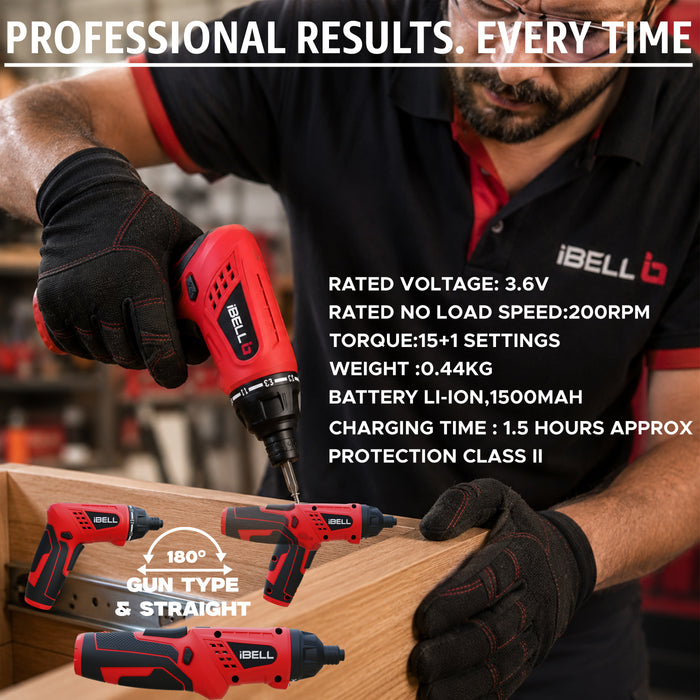 iBELL MS06-16 Cordless Rechargeable Electric Screwdriver 3.6V, 1500mAh Lithium Ion Battery MAX Torque 3.5Nm, 2 Flexible Position and 16 Torque Setting, Front LED and Rear Flashlight- 6 Months Warranty