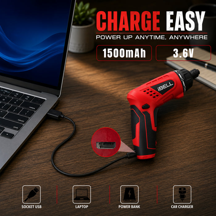 iBELL MS06-16 Cordless Rechargeable Electric Screwdriver 3.6V, 1500mAh Lithium Ion Battery MAX Torque 3.5Nm, 2 Flexible Position and 16 Torque Setting, Front LED and Rear Flashlight- 6 Months Warranty