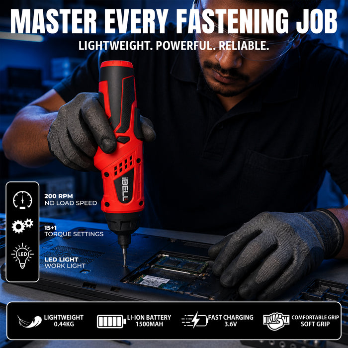 iBELL MS06-16 Cordless Rechargeable Electric Screwdriver 3.6V, 1500mAh Lithium Ion Battery MAX Torque 3.5Nm, 2 Flexible Position and 16 Torque Setting, Front LED and Rear Flashlight- 6 Months Warranty