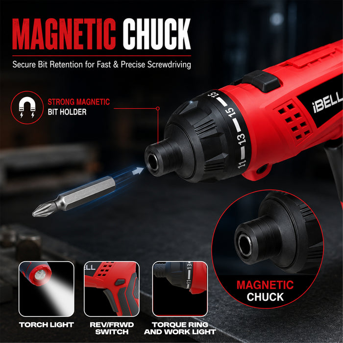 iBELL MS06-16 Cordless Rechargeable Electric Screwdriver 3.6V, 1500mAh Lithium Ion Battery MAX Torque 3.5Nm, 2 Flexible Position and 16 Torque Setting, Front LED and Rear Flashlight- 6 Months Warranty