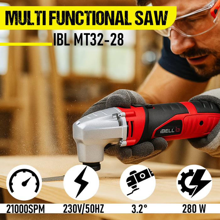 iBELL MT32-28 Multi-Functional Oscillating Tool, 280W Motor, 6-Speed Control 10,000–21,000 SPM, 3.2° Oscillation, Compact Power Tool for Cutting, Scraping, Sanding, DIY & Professional Use – 6 Months Warranty