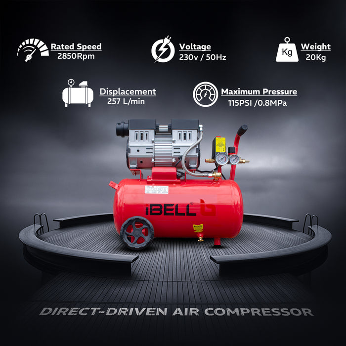 "iBELL IBL OFC25LX 2.0HP Oil-Free Air Compressor | 25L Tank | 115 PSI Max Pressure | 257L/min Air Displacement | 1/4"" Outlet – 6-Month Warranty "