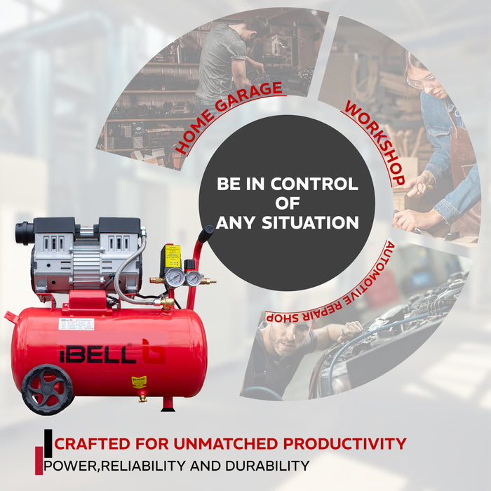 "iBELL IBL OFC25LX 2.0HP Oil-Free Air Compressor | 25L Tank | 115 PSI Max Pressure | 257L/min Air Displacement | 1/4"" Outlet – 6-Month Warranty "