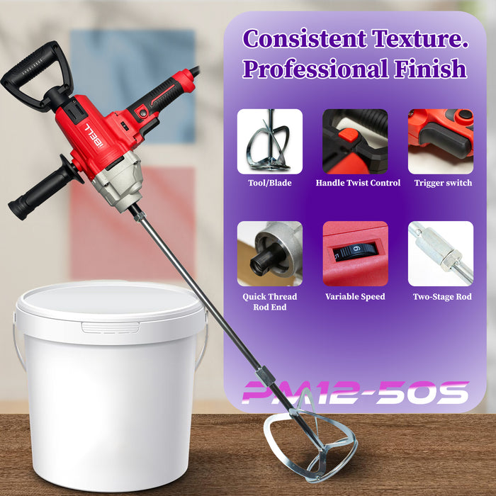 iBELL PM12-50S Paint Mixer | 1200W Electric Stirrer with Variable Speed Control | 1050 RPM High-Speed | Heavy Duty 220V Handheld Blender for Paint, Cement, Putty, and Paste | 6-Month Warranty