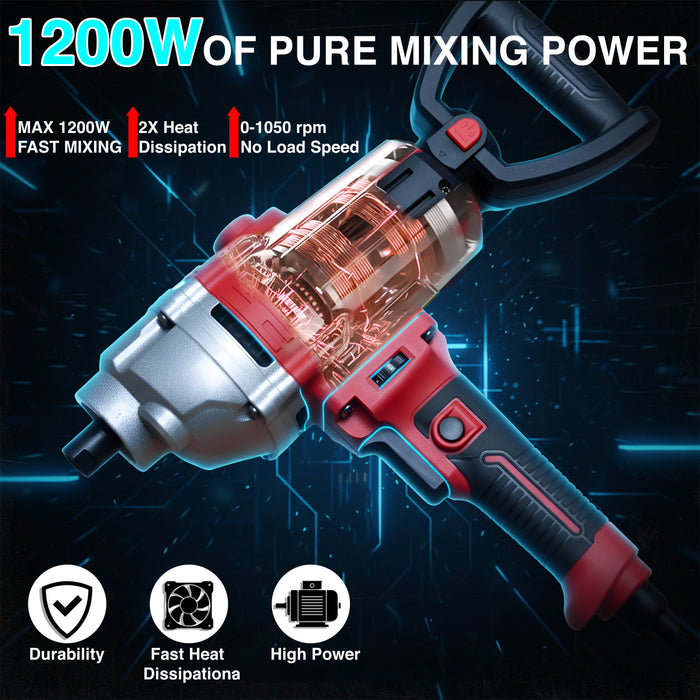 iBELL PM12-50S Paint Mixer | 1200W Electric Stirrer with Variable Speed Control | 1050 RPM High-Speed | Heavy Duty 220V Handheld Blender for Paint, Cement, Putty, and Paste | 6-Month Warranty