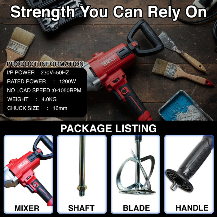 iBELL PM12-50S Paint Mixer | 1200W Electric Stirrer with Variable Speed Control | 1050 RPM High-Speed | Heavy Duty 220V Handheld Blender for Paint, Cement, Putty, and Paste | 6-Month Warranty