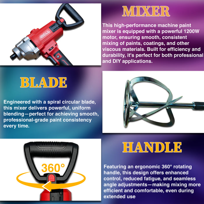 iBELL PM12-50S Paint Mixer | 1200W Electric Stirrer with Variable Speed Control | 1050 RPM High-Speed | Heavy Duty 220V Handheld Blender for Paint, Cement, Putty, and Paste | 6-Month Warranty