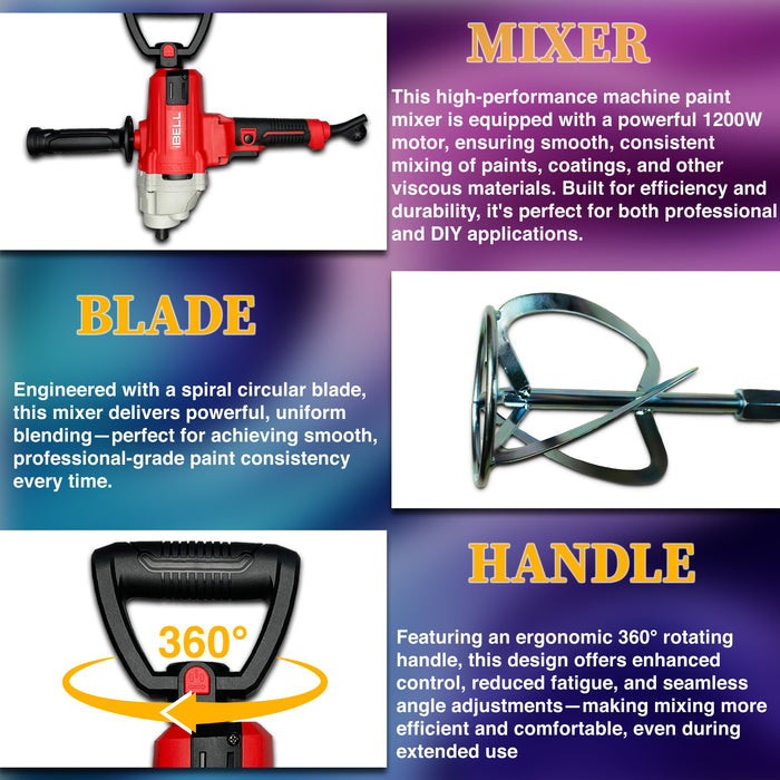 IBELL Handheld Paint Mixer Electric Stirrer Paint Cement Putty Paste Feed Mixer Blender Multipurpose Stirring Machine 1200W