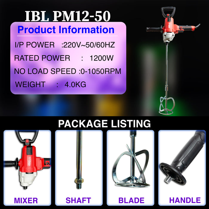 IBELL Handheld Paint Mixer Electric Stirrer Paint Cement Putty Paste Feed Mixer Blender Multipurpose Stirring Machine 1200W