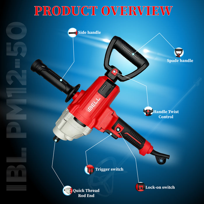 IBELL Handheld Paint Mixer Electric Stirrer Paint Cement Putty Paste Feed Mixer Blender Multipurpose Stirring Machine 1200W