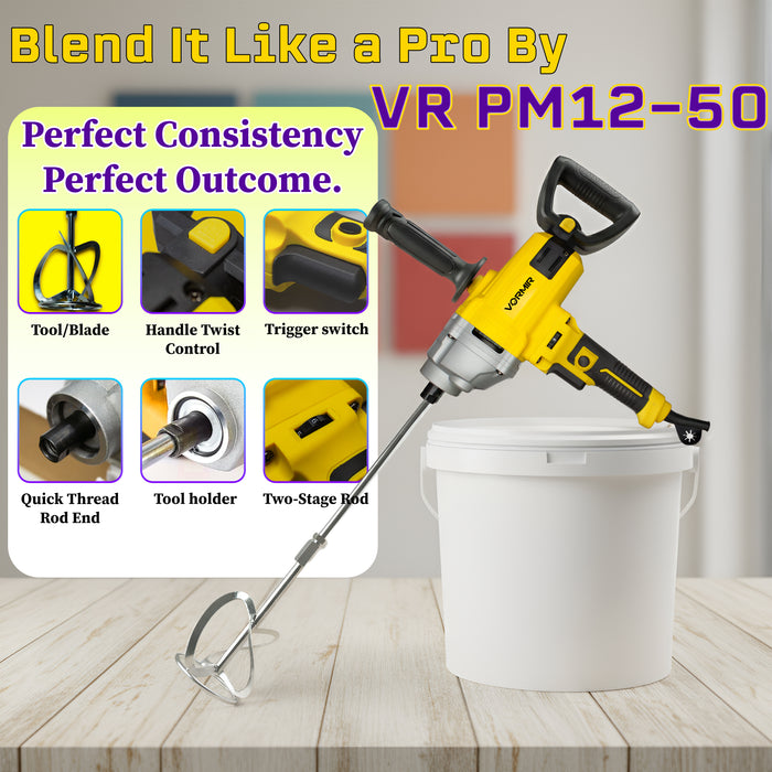 iBELL Vormir VR PM12-50 Heavy-Duty Paint Mixer | 1200W Motor, Variable Speed 0–1050 RPM, 16mm Chuck Size, 120mm Mixing Wheel | 220V~50/60Hz | Ideal for Paint, Plaster & Cement Mixing | 6-Month Warranty