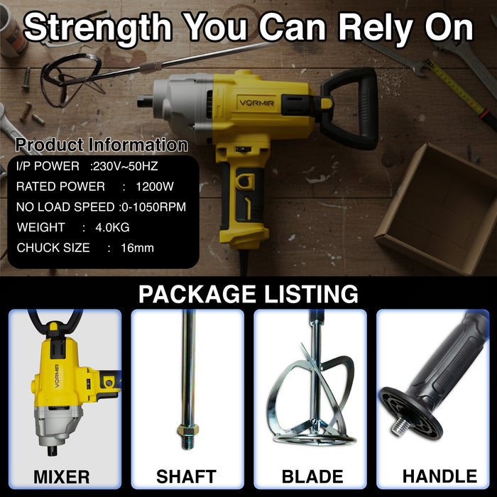 iBELL Vormir VR PM12-50 Heavy-Duty Paint Mixer | 1200W Motor, Variable Speed 0–1050 RPM, 16mm Chuck Size, 120mm Mixing Wheel | 220V~50/60Hz | Ideal for Paint, Plaster & Cement Mixing | 6-Month Warranty