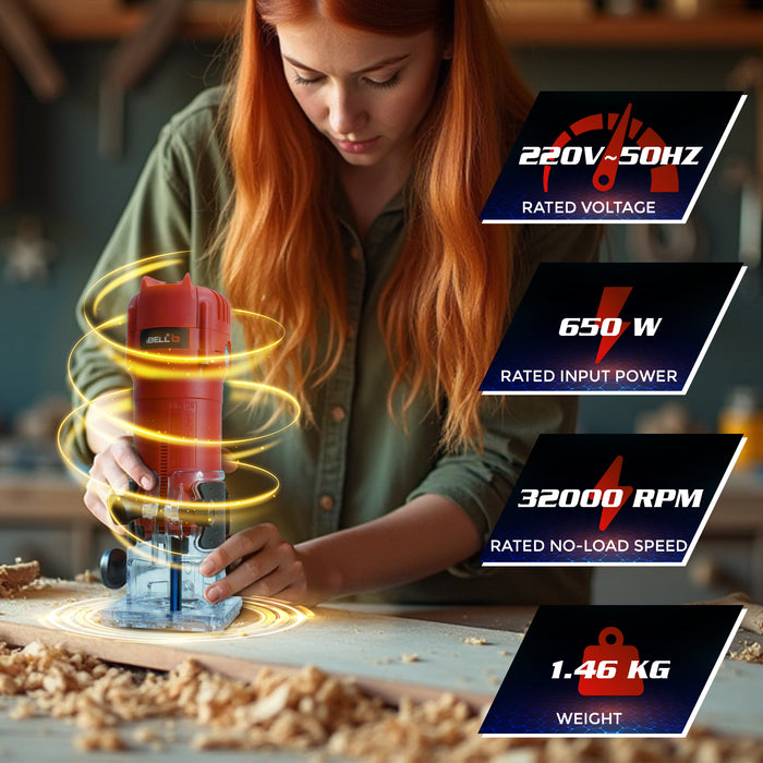 IBELL PR60-68 Professional Palm Router – 650W, 32000RPM, 6/6.35/8mm Collet for Precision Woodworking