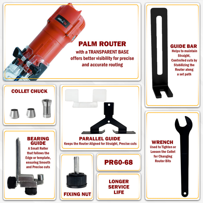 IBELL PR60-68 Professional Palm Router – 650W, 32000RPM, 6/6.35/8mm Collet for Precision Woodworking