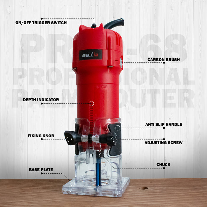 IBELL PR60-68 Professional Palm Router – 650W, 32000RPM, 6/6.35/8mm Collet for Precision Woodworking