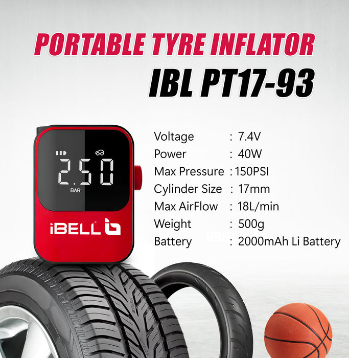 iBell PT17-93 Portable Battery-Powered Tire Inflator with Digital Pressure Gauge, LED Light, and Auto Shut-Off