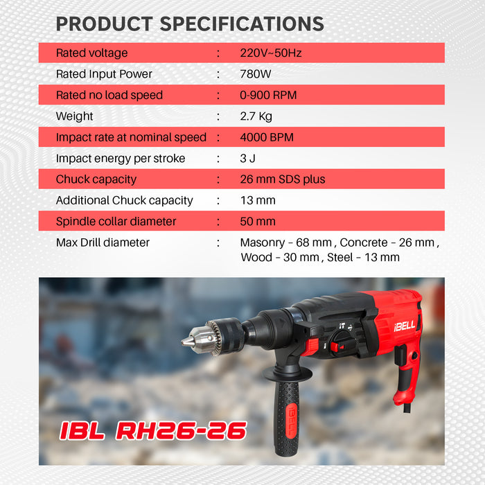 iBELL RH26-26, SDS-Plus, 26MM, 780W Heavy Duty Rotary Hammer Drill, Safety Clutch 3 Functions with Vibration Control, Chisels and Drill Bits with Case - 6 Months Warranty