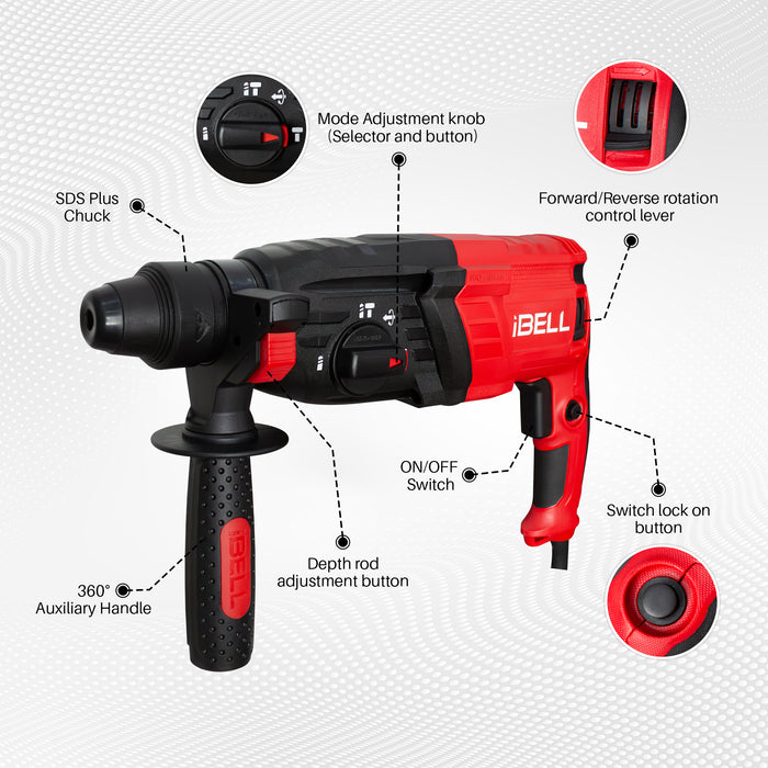 iBELL RH26-26, SDS-Plus, 26MM, 780W Heavy Duty Rotary Hammer Drill, Safety Clutch 3 Functions with Vibration Control, Chisels and Drill Bits with Case - 6 Months Warranty