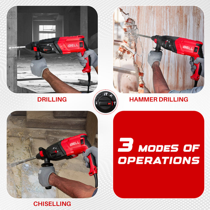 iBELL RH26-26, SDS-Plus, 26MM, 780W Heavy Duty Rotary Hammer Drill, Safety Clutch 3 Functions with Vibration Control, Chisels and Drill Bits with Case - 6 Months Warranty