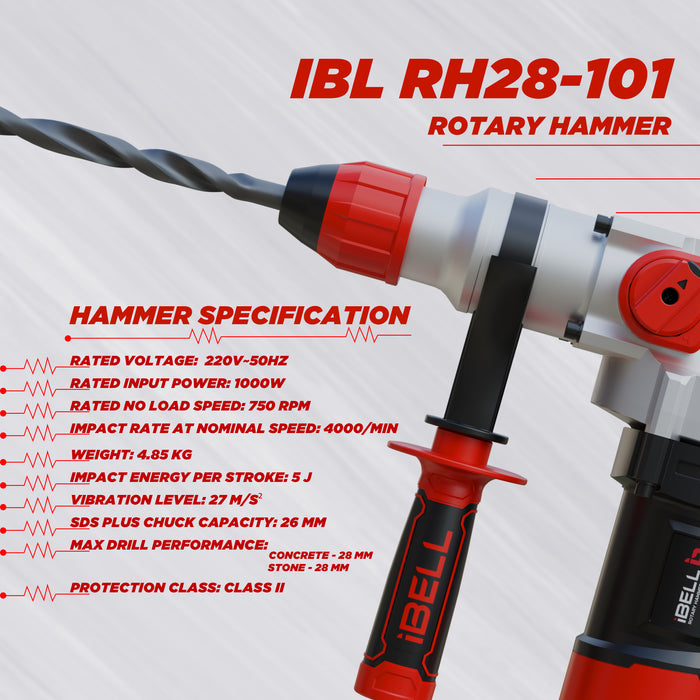 iBELL IBL RH28-101 Heavy Rotary Hammer Core Drill Machine,1000W,750RPM,26MM-6 Months Warranty