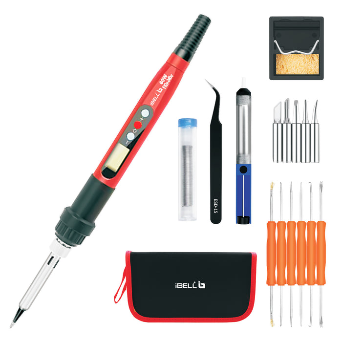 iBELL IBL S60-12 Digital Soldering Iron Kit, 60W Adjustable Temperature 180°C–480°C, LCD Display, Auto Sleep & Auto OFF, °C/°F Switch, Complete Soldering & Desoldering Tool Set