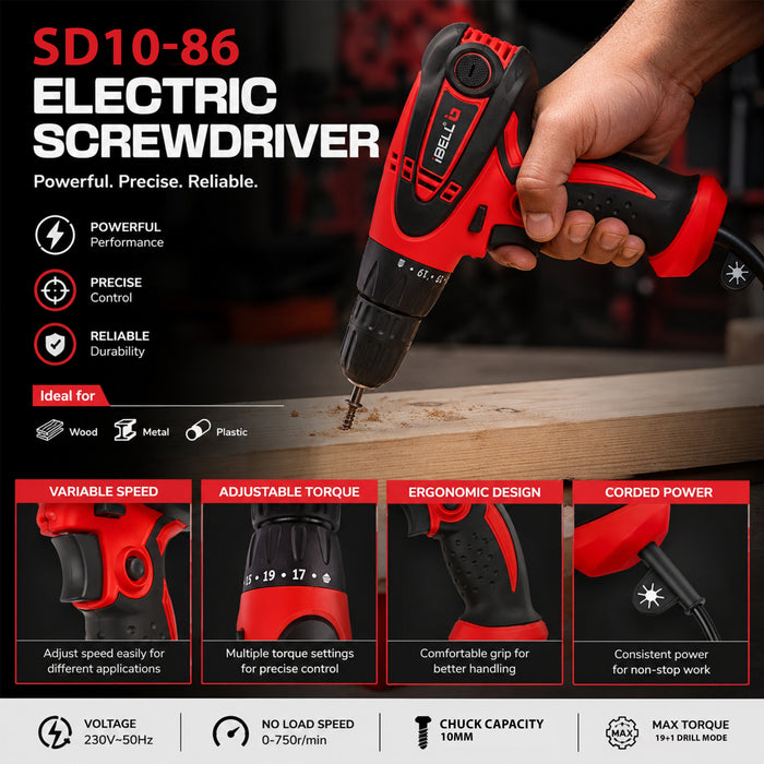 iBELL Electric Screwdriver Model: IBL SD10-86,Dia 10MM,280W,750 RPM - 6 Months Warranty