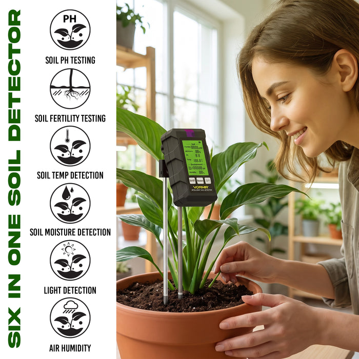 VORMIR VR SM32-22 6-in-1 Digital Soil Tester, Soil Fertility, Moisture, pH, Temperature, Sunlight & Humidity Meter, Soil Health Analyzer for Garden, Farm, Lawn, Greenhouse & Indoor Plants, 12 Months