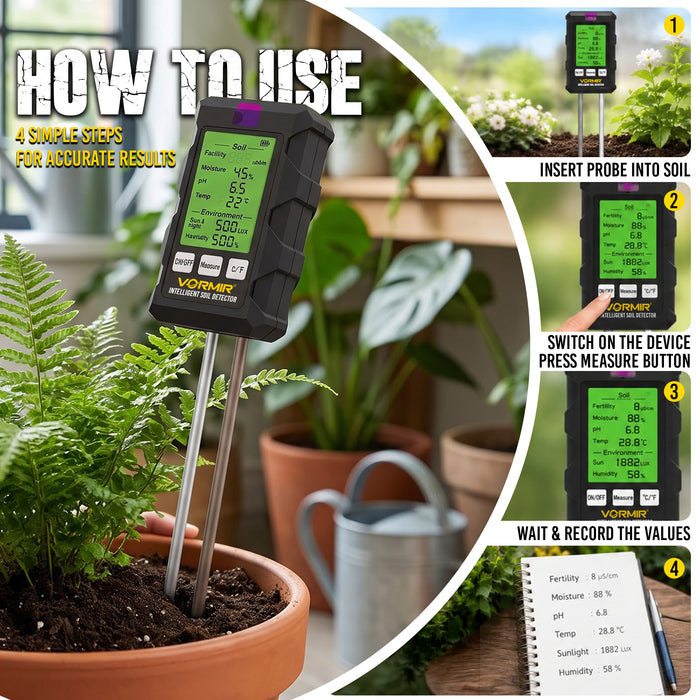 VORMIR VR SM32-22 6-in-1 Digital Soil Tester, Soil Fertility, Moisture, pH, Temperature, Sunlight & Humidity Meter, Soil Health Analyzer for Garden, Farm, Lawn, Greenhouse & Indoor Plants, 12 Months