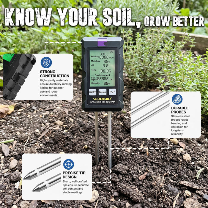 VORMIR VR SM32-22 6-in-1 Digital Soil Tester, Soil Fertility, Moisture, pH, Temperature, Sunlight & Humidity Meter, Soil Health Analyzer for Garden, Farm, Lawn, Greenhouse & Indoor Plants, 12 Months
