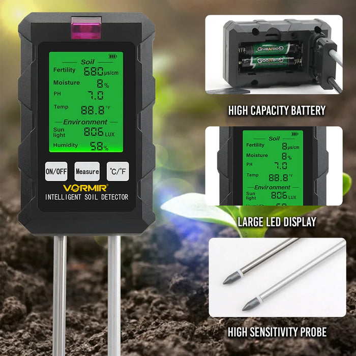 VORMIR VR SM32-22 6-in-1 Digital Soil Tester, Soil Fertility, Moisture, pH, Temperature, Sunlight & Humidity Meter, Soil Health Analyzer for Garden, Farm, Lawn, Greenhouse & Indoor Plants, 12 Months