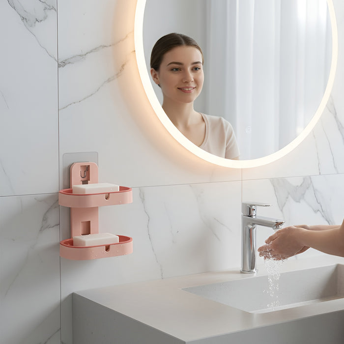 IBL SS-04 iBELL Plastic Wall Mounted Double Layer Soap Dish with Drain Tray, Adhesive No-Drill Soap Holder for Bathroom & Kitchen