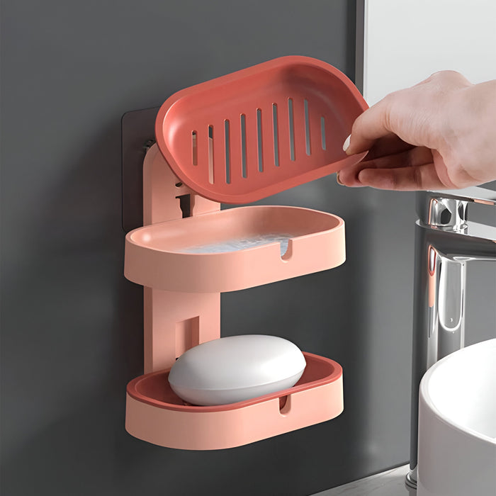 IBL SS-04 iBELL Plastic Wall Mounted Double Layer Soap Dish with Drain Tray, Adhesive No-Drill Soap Holder for Bathroom & Kitchen