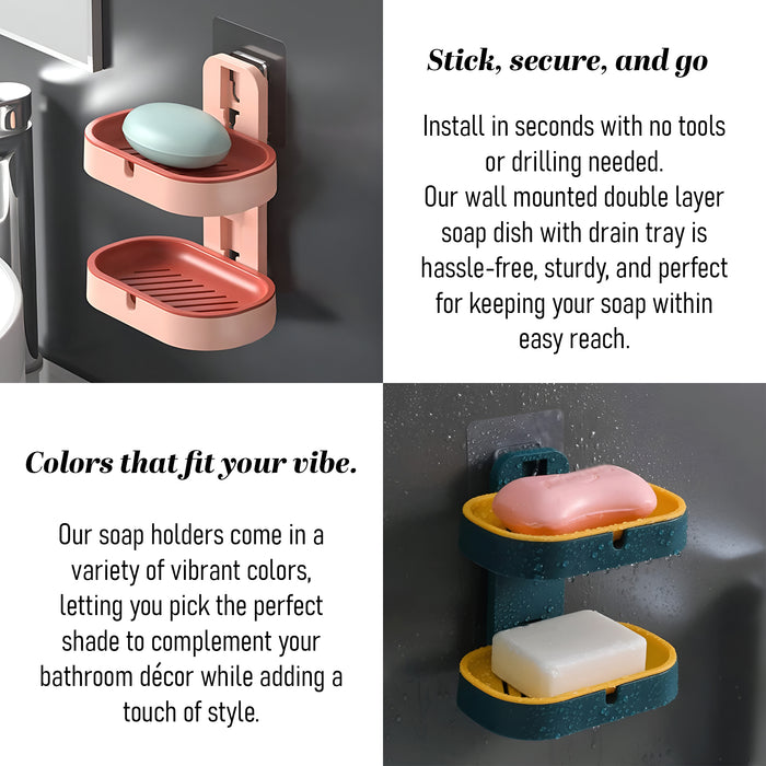IBL SS-04 iBELL Plastic Wall Mounted Double Layer Soap Dish with Drain Tray, Adhesive No-Drill Soap Holder for Bathroom & Kitchen