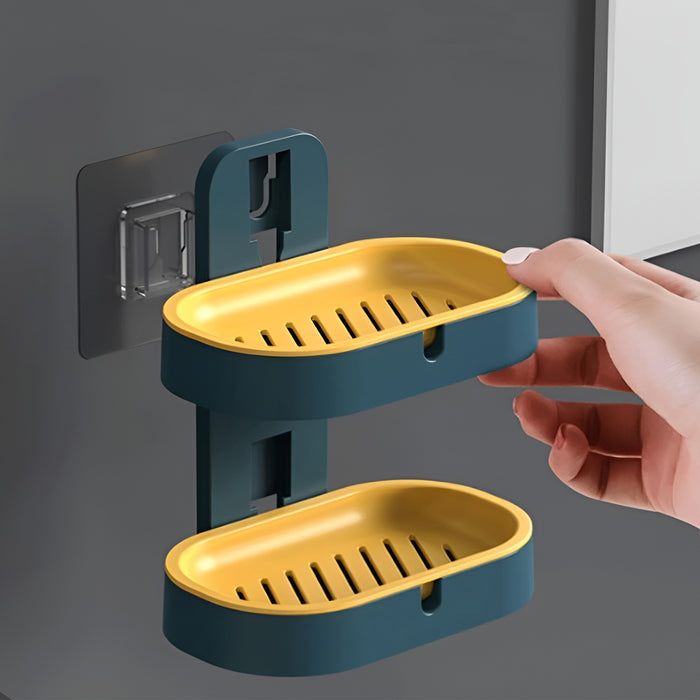 IBL SS-04 iBELL Plastic Wall Mounted Double Layer Soap Dish with Drain Tray, Adhesive No-Drill Soap Holder for Bathroom & Kitchen